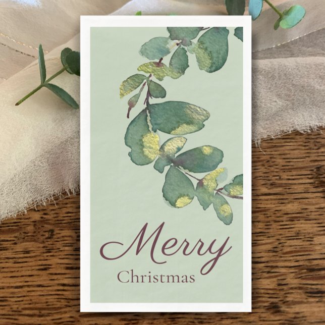Original Watercolor Greenery Merry Christmas Napkin (Original watercolor greenery Merry Christmas script Holiday Napkin. Sage eucalyptus and plum.)