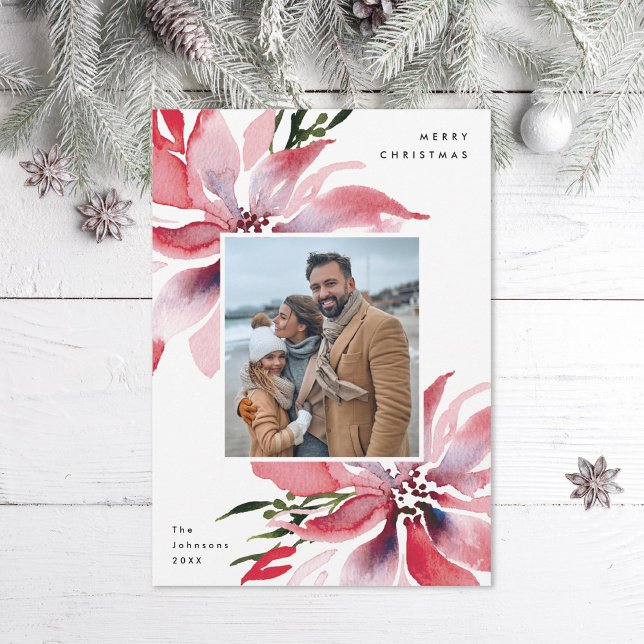 Original Watercolor Poinsettias Photo Holiday Card (Creator Uploaded)