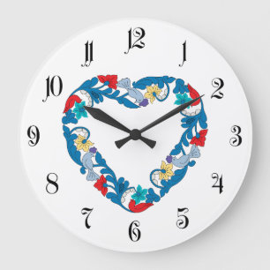 Original Wedding love birds in the flowers heart Large Clock