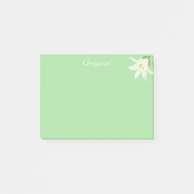 Original White Amaryllis Flower on Light Green Post-it Notes (Front)