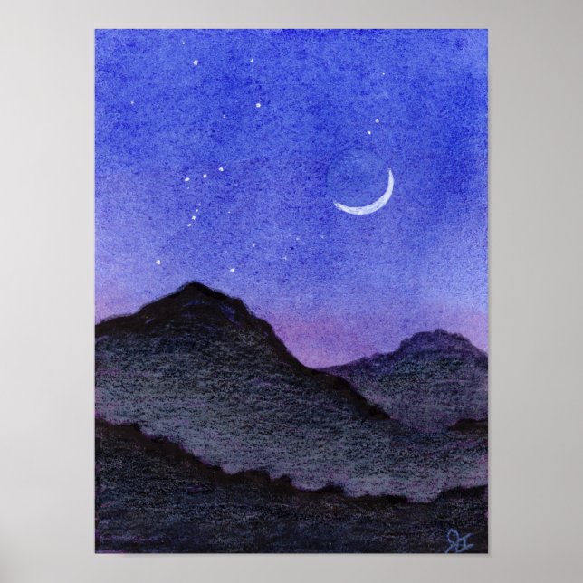 Orion & Crescent Moon Mountains Poster (Front)