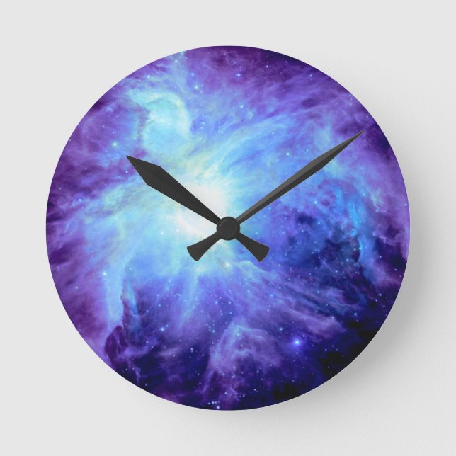 Orion Nebula Turquoise Periwinkle Lavender Galaxy Round Clock (Front)