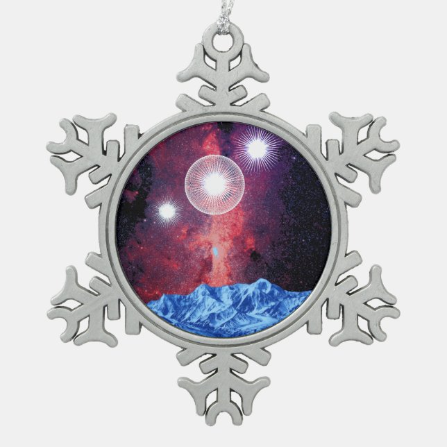 Orion Stars Galaxy over Mountains Space Snowflake Pewter Christmas Ornament (Front)