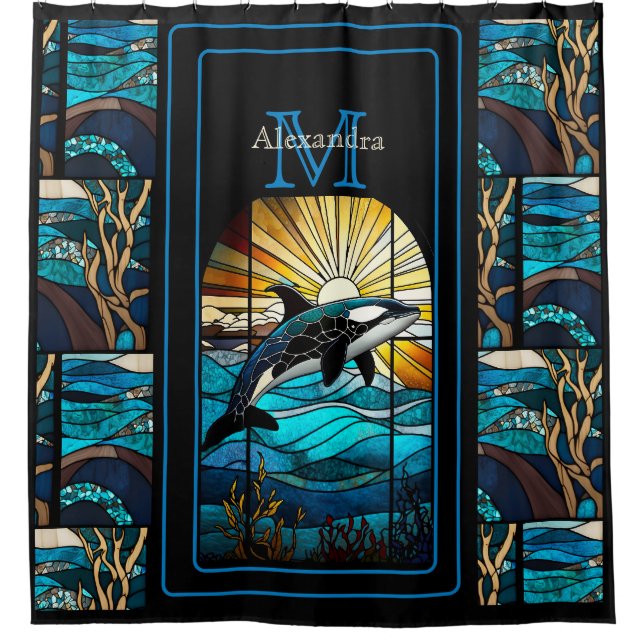 Orka Whale Stain Glass  Blues Black Modern Beach  Shower Curtain (Front)