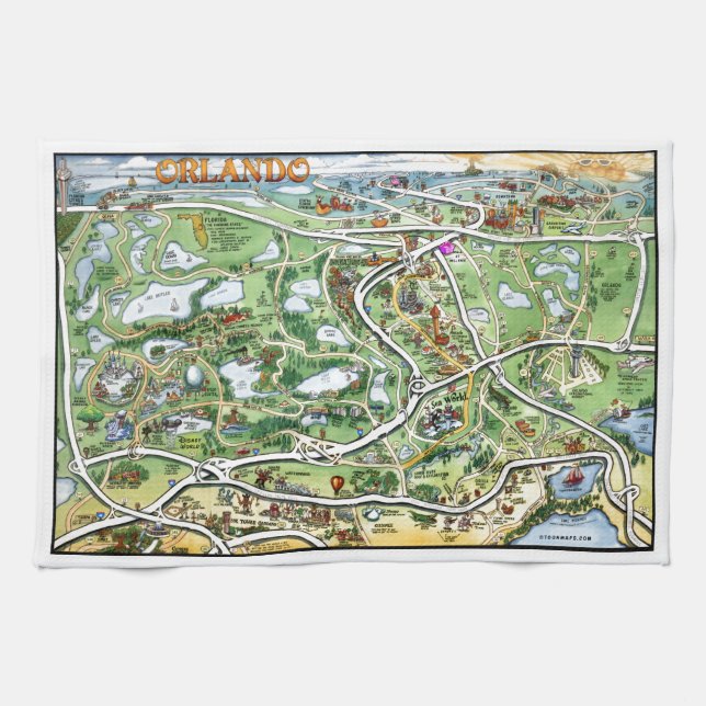 Orlando Florida Cartoon Map Tea Towel (Horizontal)