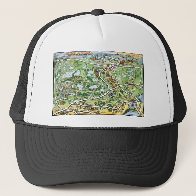 Orlando Florida Cartoon Map Trucker Hat (Front)