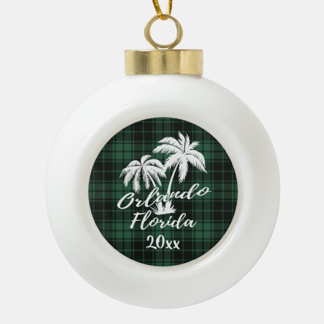 Orlando Florida Palm Tree Green Plaid Ceramic Ball Christmas Ornament (Front)