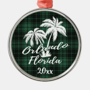 Orlando Florida Palm Tree Green Plaid Metal Ornament