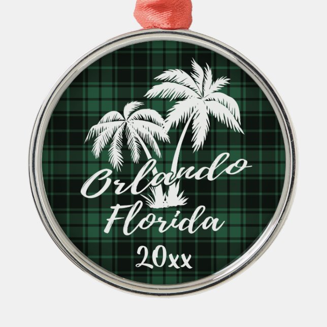 Orlando Florida Palm Tree Green Plaid Metal Ornament (Front)