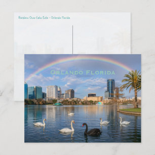 Orlando Florida Skyline Lake Eola Rainbow & Swans Postcard