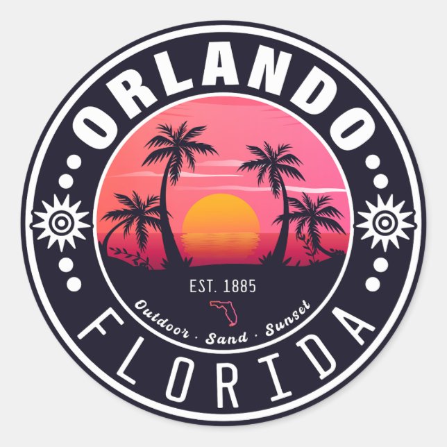 Orlando Florida tropical Retro Sunset Souvenir 60s Classic Round Sticker (Front)
