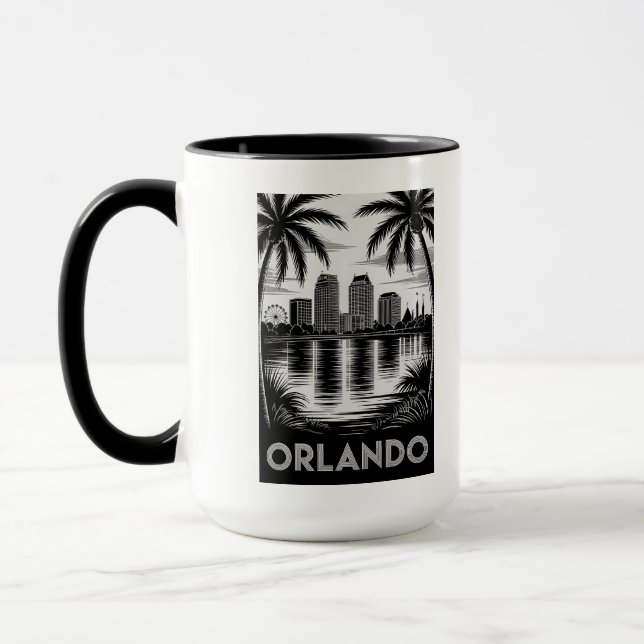 Orlando Skyline Black and White Woodcut Lake Eola Mug (Left)