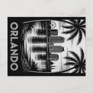 Orlando Skyline Black and White Woodcut Lake Eola Postcard