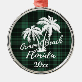 Ormond Beach Florida Palm Tree Green Plaid Metal Ornament