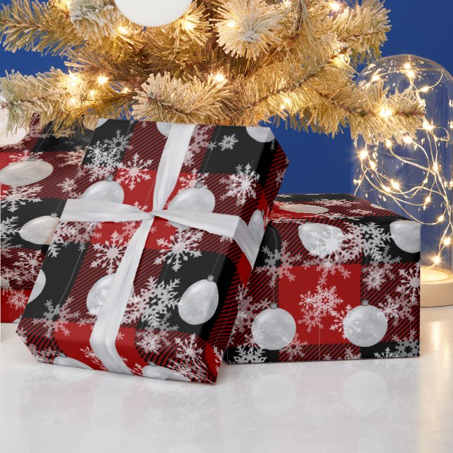 Ornament And Snowflakes On Plaid Wrapping Paper (Holidays)