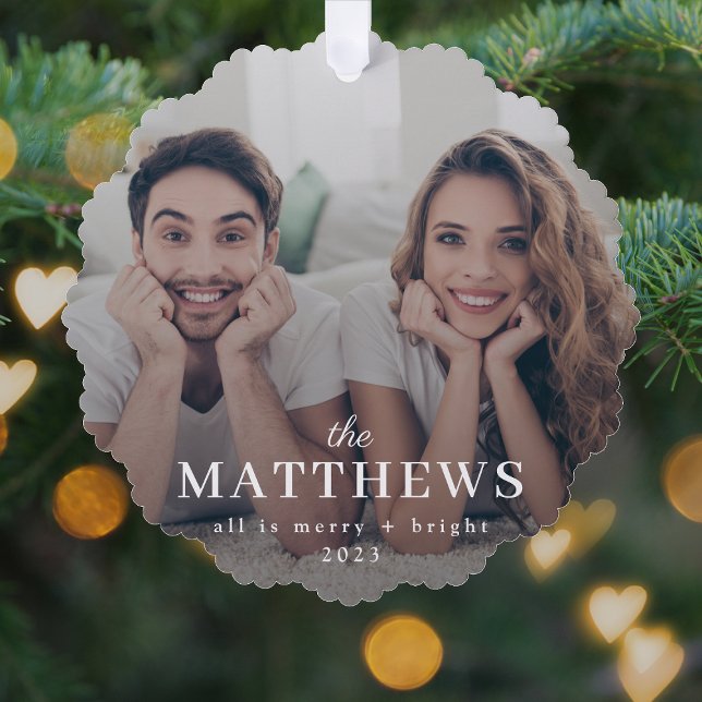 Ornament Card | Stylish Minimal Fun Couple Photo (Minimalist Christmas ornament card with elegant typography and personal photo layout)