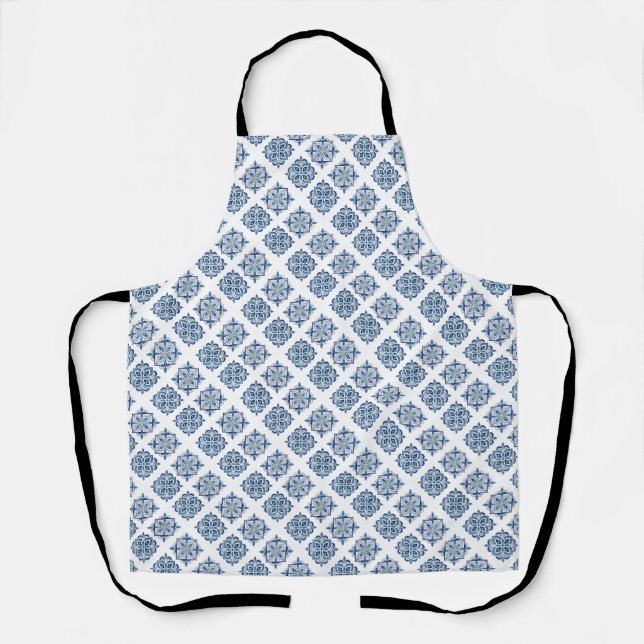 Ornament embroidered blue on white apron (Front)