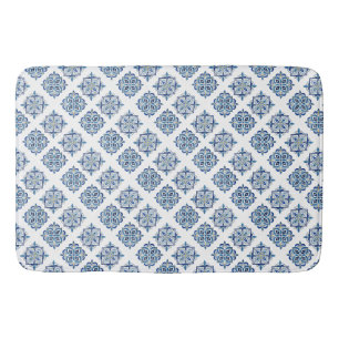 Ornament embroidered blue on white bath mat