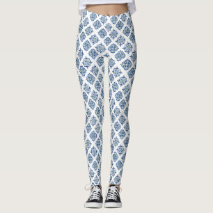 Ornament embroidered blue on white leggings