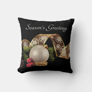 Ornament, Evergreen and Gold Ribbon Cushion