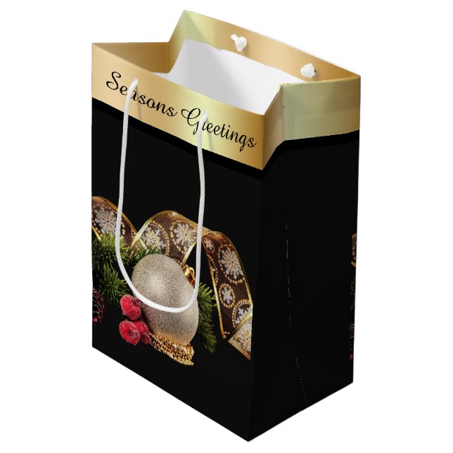 Ornament, Evergreen and Gold Ribbon Medium Gift Bag (Front Angled)