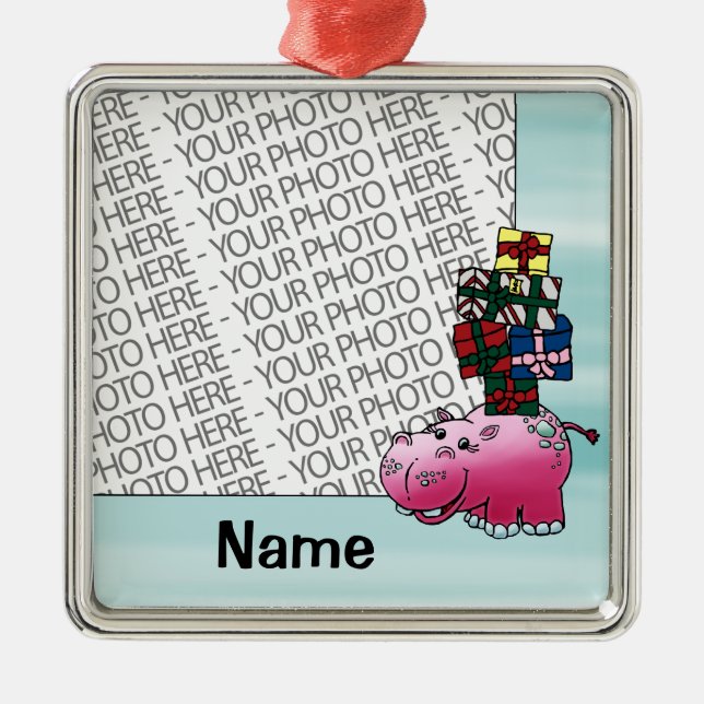 Ornament, Photo & Name Template Cute Hippo & Gifts Metal Ornament (Front)