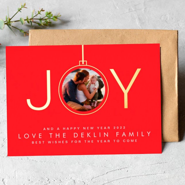 Ornament Photo Red Merry Christmas Gold JOY Foil Holiday Card (Creator Uploaded)