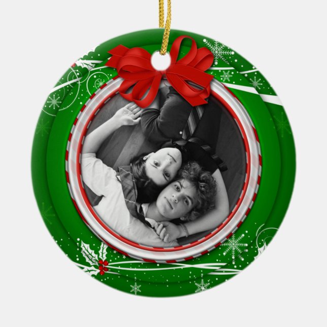 Ornament Red Green Holly Ribbon 1st Christmas (Front)