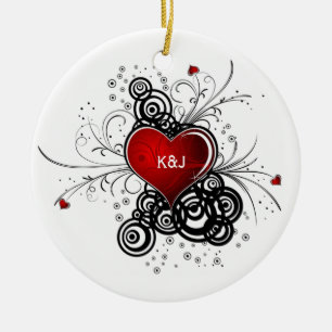 Ornament Red Heart Black Swirls Wedding Keepsak