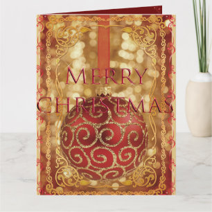 ORNAMENT SPARKLING GOLD RED FRAME Holiday Card