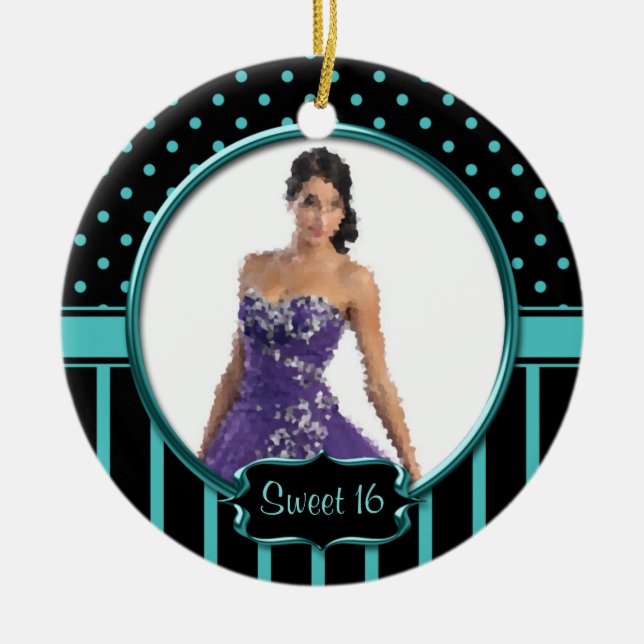 Ornament Teal Black Stripes Dots Sweet 16 (Front)