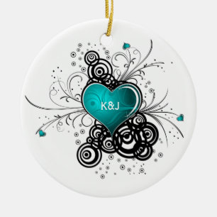Ornament Teal Heart Black Swirls Wedding Keepsak