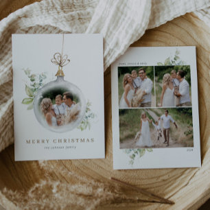 Ornament Watercolor Greenery Merry Xmas 4 Photos Holiday Card