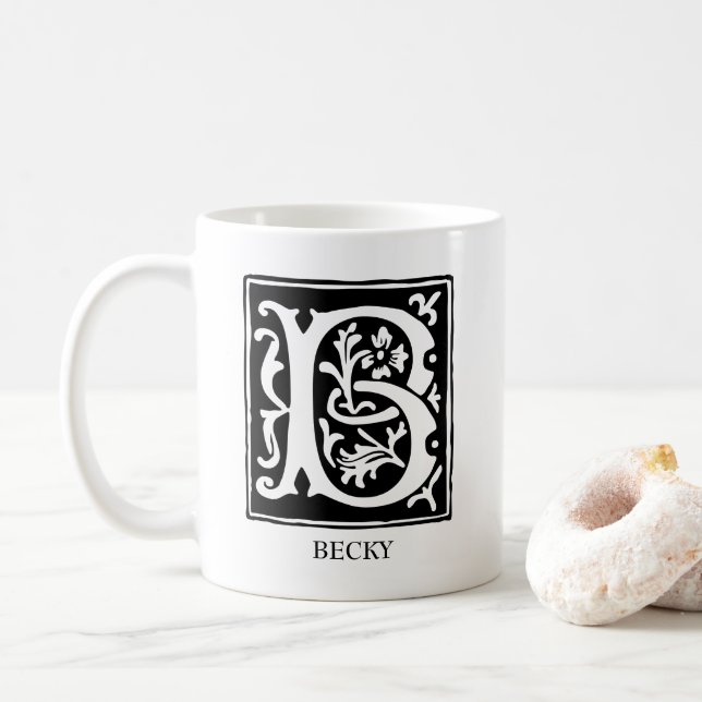 Ornamental Alphabet Letter B Monogrammed Coffee Mug (With Donut)