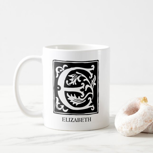 Ornamental Alphabet Letter E Monogrammed Coffee Mug (With Donut)