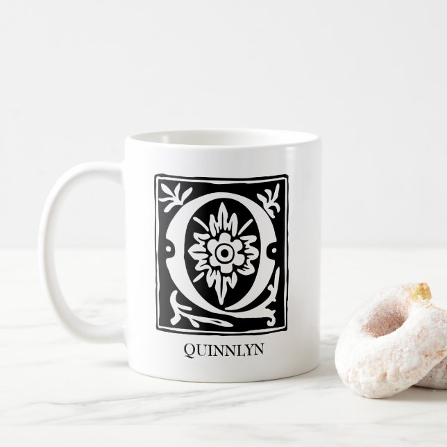 Ornamental Alphabet Letter Q Monogrammed Coffee Mug (With Donut)