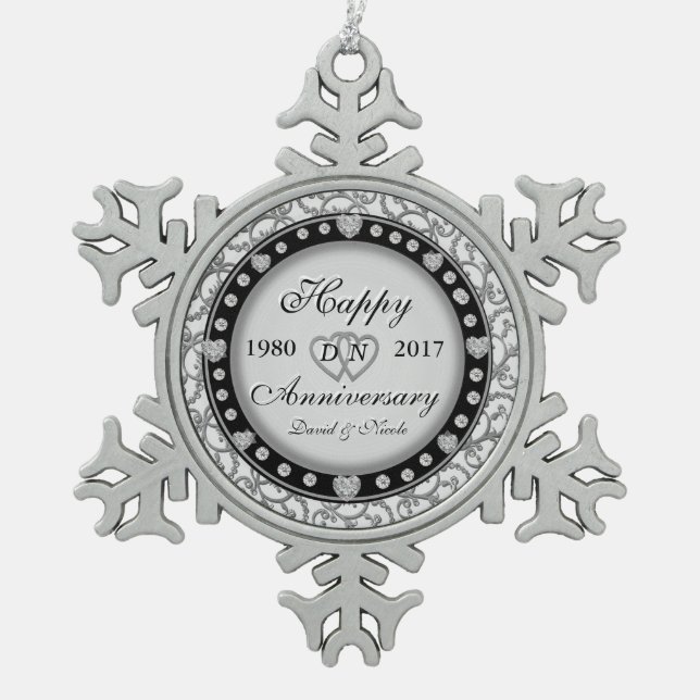 Ornamental Anniversary Custom Monogram Snowflake Pewter Christmas Ornament (Front)