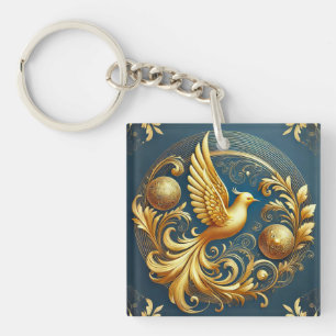 Ornamental Bird Gold Emblem Charm Key Ring