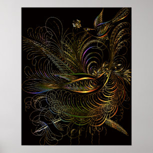 ORNAMENTAL BIRDS BLACK GOLD BOTANICAL ART POSTER
