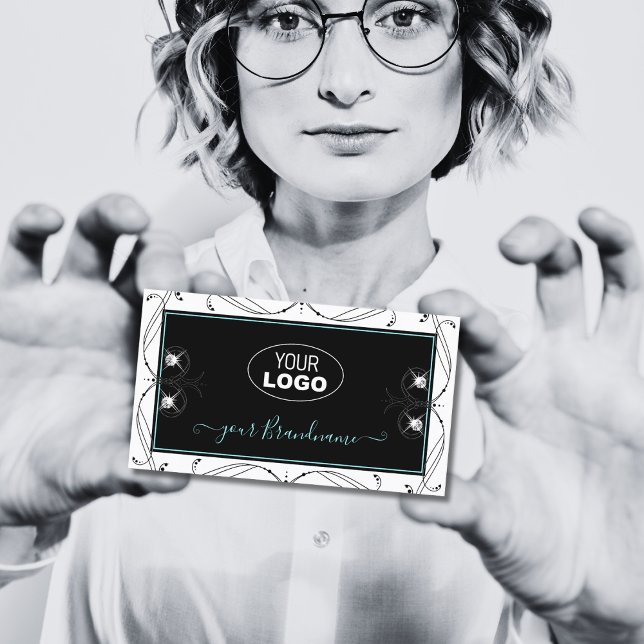 Ornamental Black White Sparkling Diamonds Add Logo Business Card (Creator Uploaded)