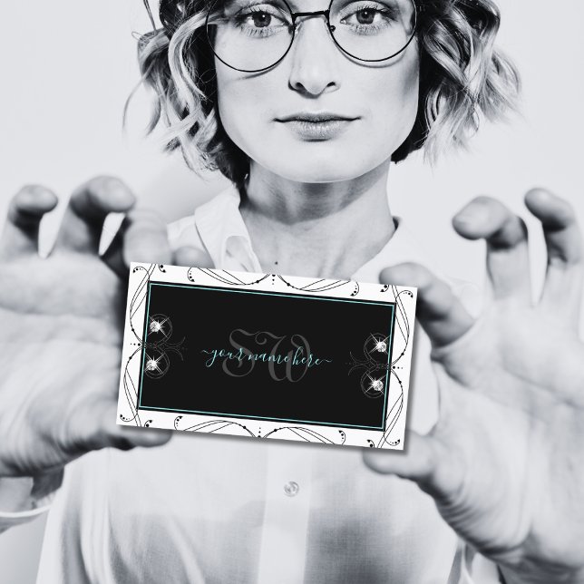 Ornamental Black White Sparkling Diamonds Monogram Business Card (Creator Uploaded)