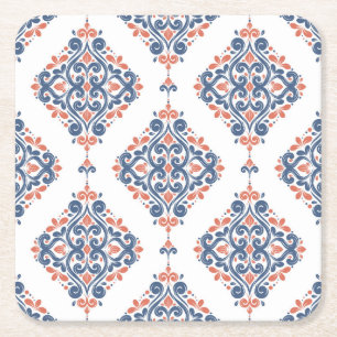Ornamental Blue Orange: Vintage Seamless Square Paper Coaster