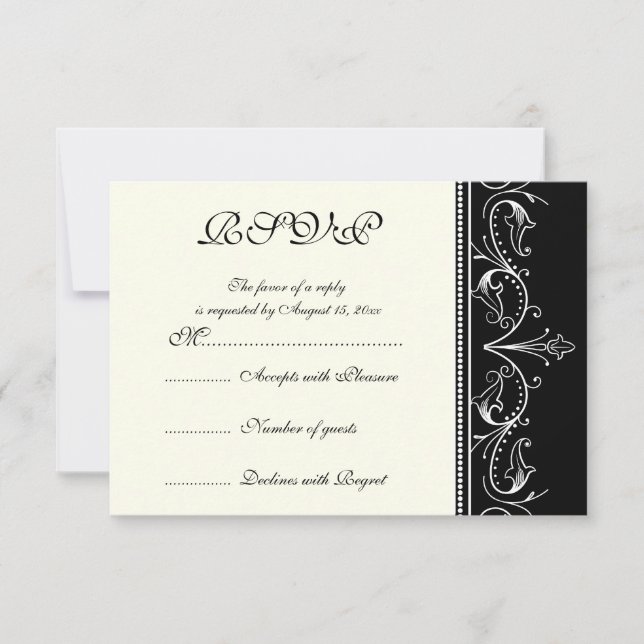 Ornamental border black white wedding RSVP card (Front)