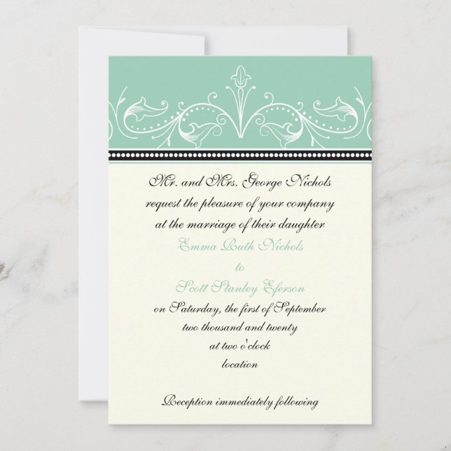 Ornamental border jade, ivory wedding invitation (Front)