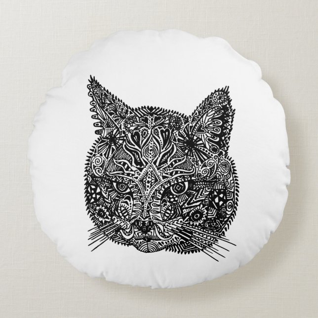 Ornamental Cat Head  Round Cushion (Front)