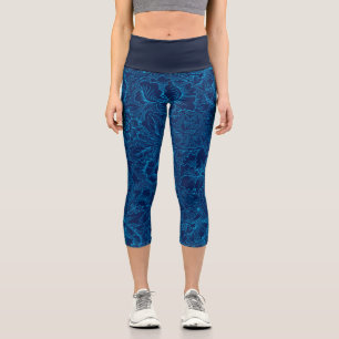 Ornamental Damask Blue Floral Pattern Capri Leggings