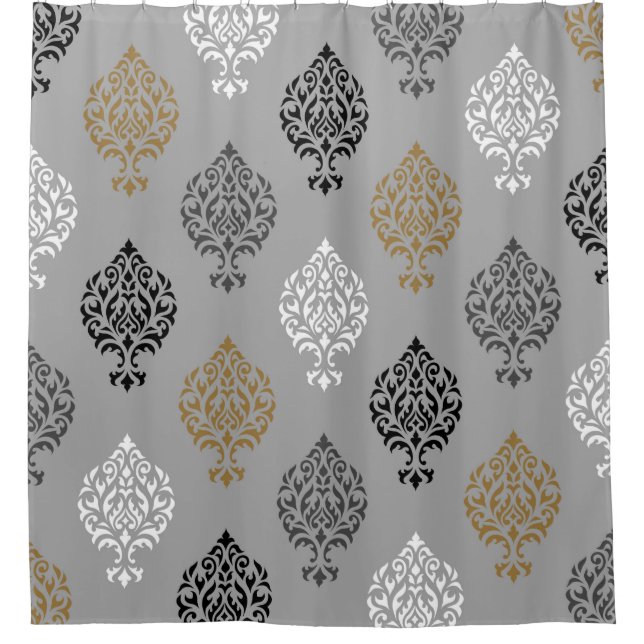 Ornamental Damask Ptn Black White Greys Gold Shower Curtain (Front)