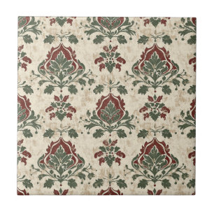 Ornamental Damask Red Green Vintage Texture Ceramic Tile