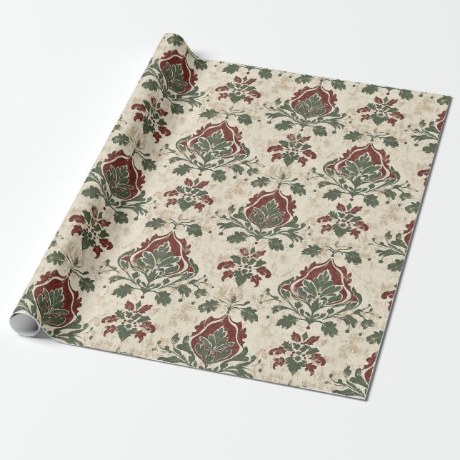 Ornamental Damask Red Green Vintage Texture Wrapping Paper (Unrolled)