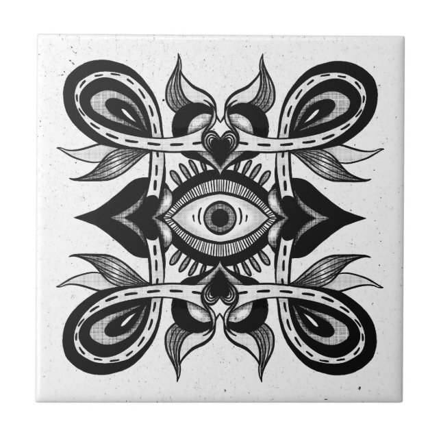 Ornamental Eye - Weirdcore Botanical Tattoo Style Ceramic Tile (Front)